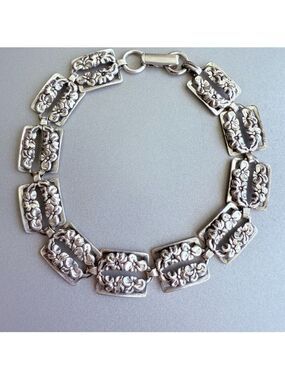 BEAU Sterling Silver Flower Square Floral Panel Bracelet Vintage